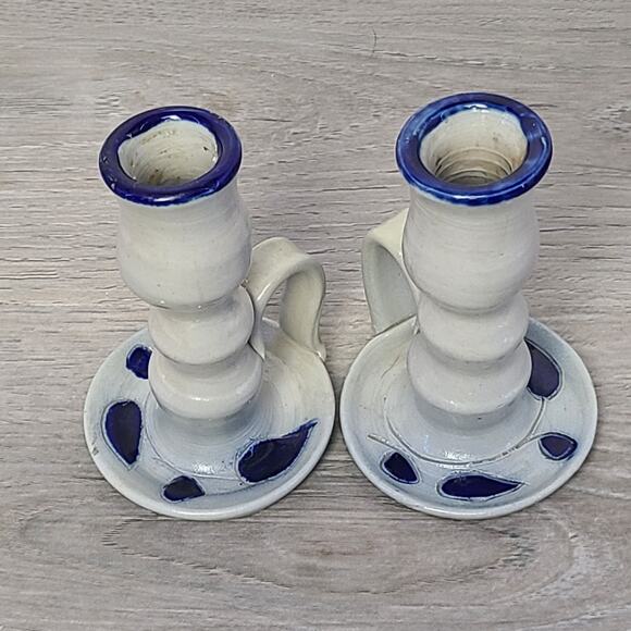 Williamsburg Pottery Salt Glazed Candlestick Holders Blue Leaf Set Of 2 - Picture 2 of 7